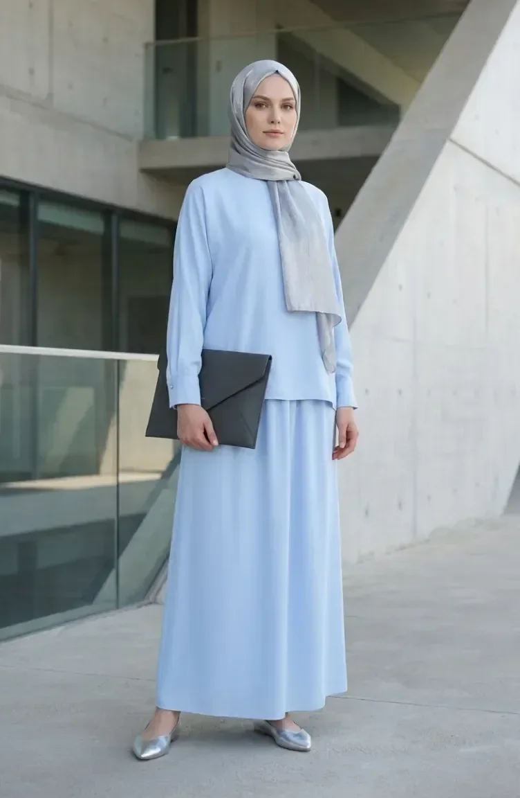 Ensemble Deux Pièces Tunique Et Jupe à Manches Boutonnées 0246-02 Bleu 0246-02