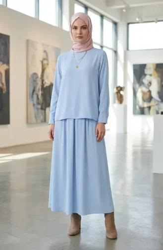 Ensemble Deux Pièces Tunique Et Jupe à Manches Boutonnées 0246-02 Bleu 0246-02