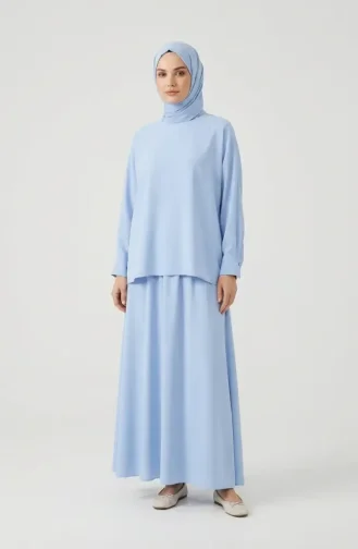 Ensemble Deux Pièces Tunique Et Jupe à Manches Boutonnées 0246-02 Bleu 0246-02