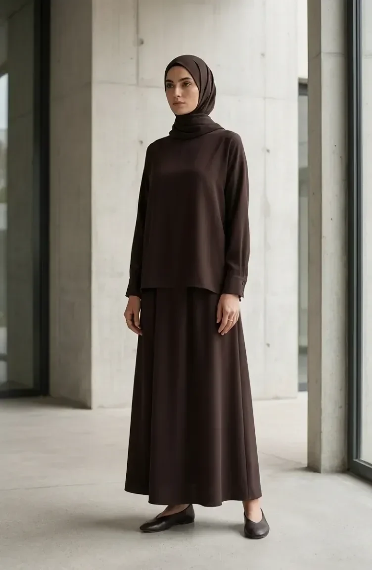 Kolu Düğmeli Tunik Etek ikili Takım 0246-03 Kahverengi