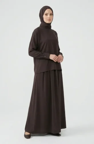 Kolu Düğmeli Tunik Etek ikili Takım 0246-03 Kahverengi