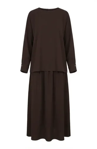 Kolu Düğmeli Tunik Etek ikili Takım 0246-03 Kahverengi