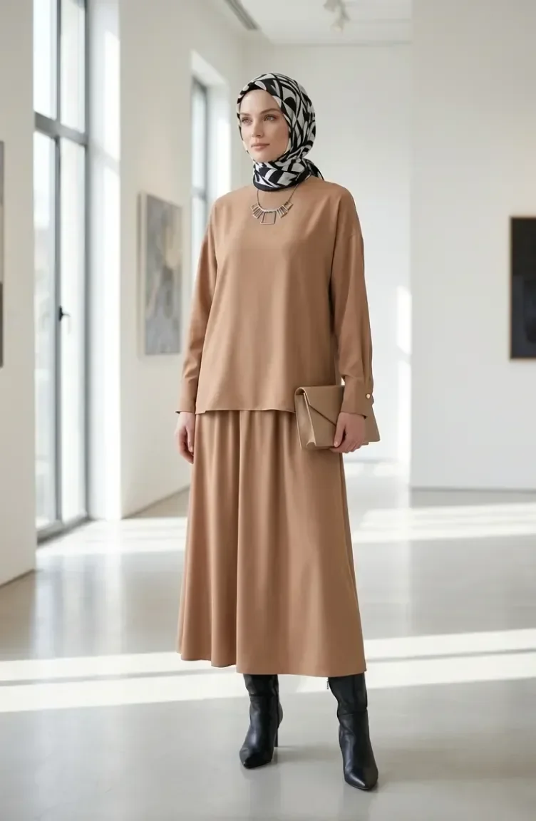 Tuniek En Rok Met Knoopsluiting Aan De Mouwen Tweedelig Setje 0246-04 Beige 0246-04