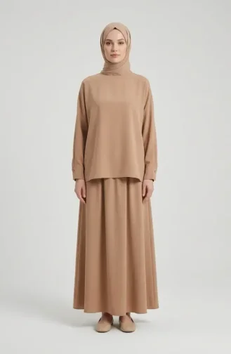 Tuniek En Rok Met Knoopsluiting Aan De Mouwen Tweedelig Setje 0246-04 Beige 0246-04