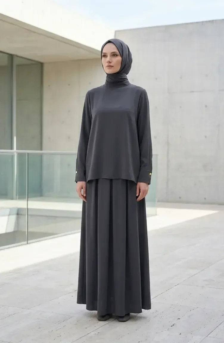 Kolu Düğmeli Tunik Etek ikili Takım 0246-05 Koyu Gri