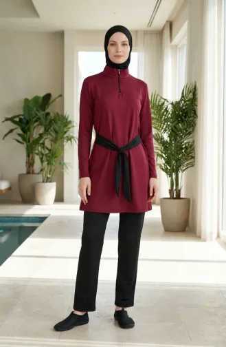 Yarım Yaka Fermuarlı Tesettür Mayo 2600-01 Bordo