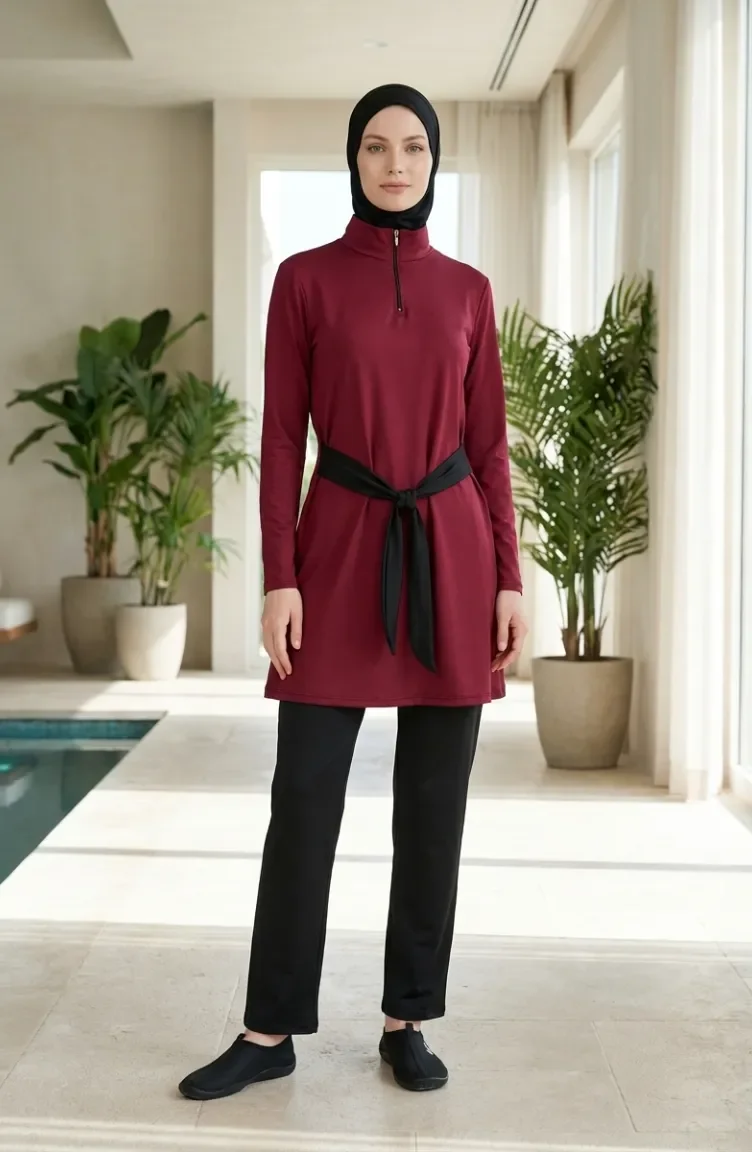 Yarım Yaka Fermuarlı Tesettür Mayo 2600-01 Bordo