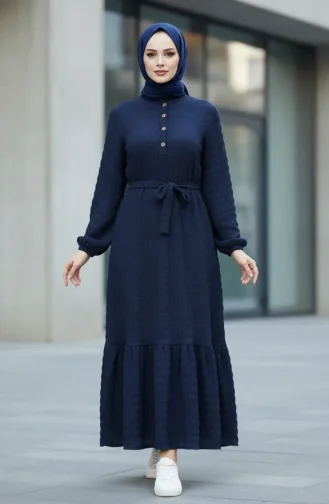 Robe En Tissu Gaufré à Manches élastiquées 2243-06 Bleu Marine 2243-06