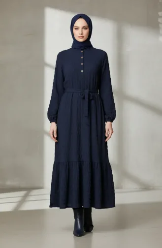 Robe En Tissu Gaufré à Manches élastiquées 2243-06 Bleu Marine 2243-06
