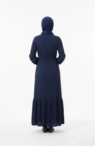 Robe En Tissu Gaufré à Manches élastiquées 2243-06 Bleu Marine 2243-06