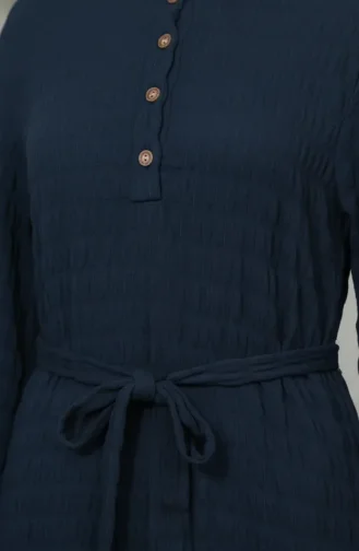 Robe En Tissu Gaufré à Manches élastiquées 2243-06 Bleu Marine 2243-06