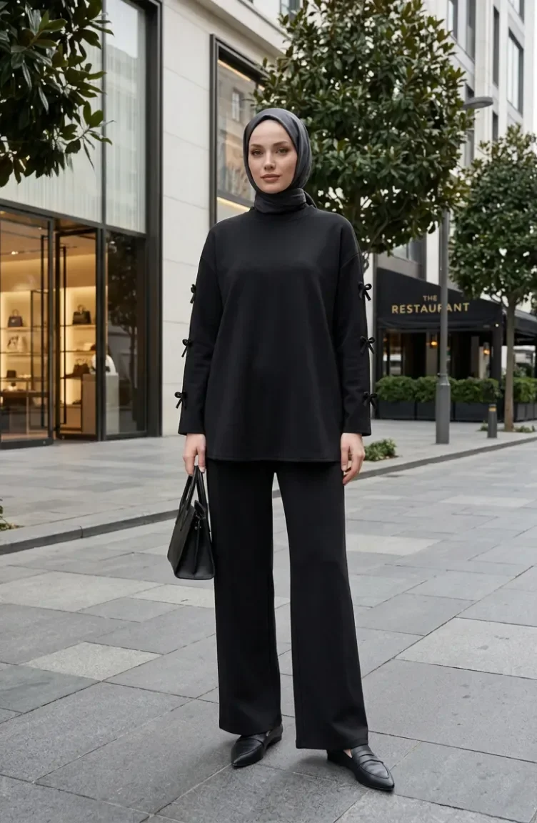 Zweiteiliges Tunika- Und Hosen-Set Mit Schleifenärmeln 2246-02 Schwarz 2246-02