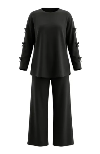 Zweiteiliges Tunika- Und Hosen-Set Mit Schleifenärmeln 2246-02 Schwarz 2246-02