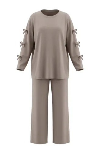 Tunic And Pants Two-Piece Set With Bow Sleeves 2246-03 Beige 2246-03