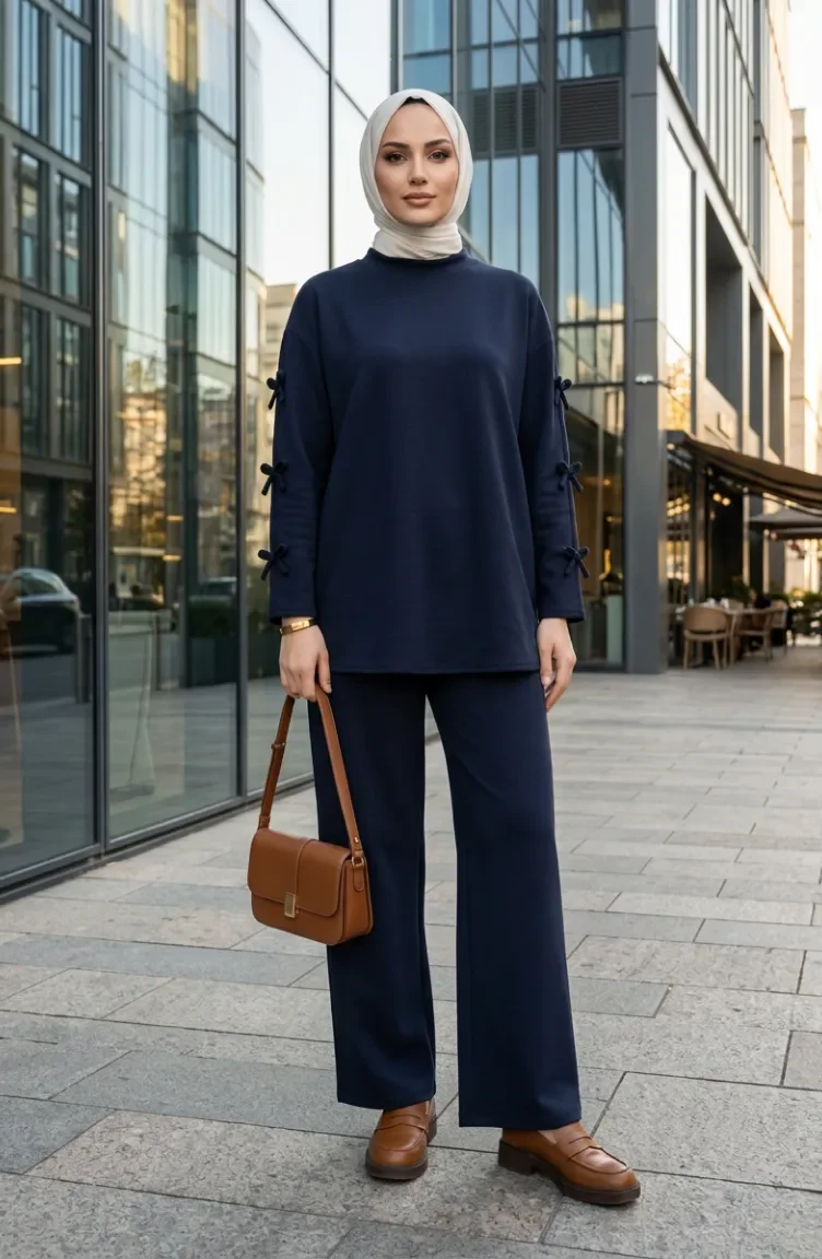 Tunic And Pants Two-Piece Set With Bow Detail On Sleeves 2246-04 Navy Blue 2246-04