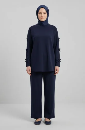 Tunic And Pants Two-Piece Set With Bow Detail On Sleeves 2246-04 Navy Blue 2246-04