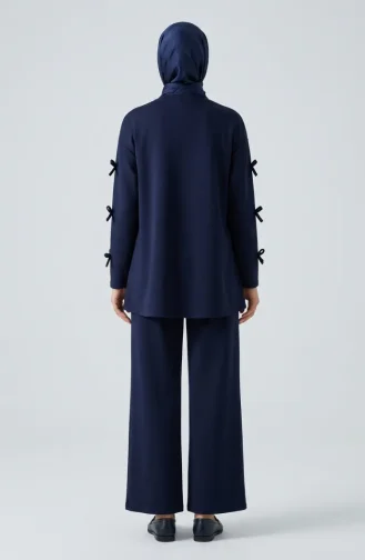 Tunic And Pants Two-Piece Set With Bow Detail On Sleeves 2246-04 Navy Blue 2246-04