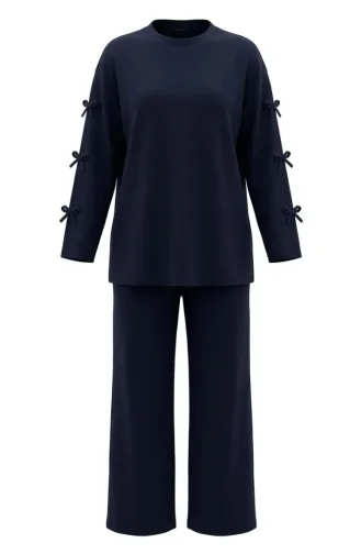 Tunic And Pants Two-Piece Set With Bow Detail On Sleeves 2246-04 Navy Blue 2246-04