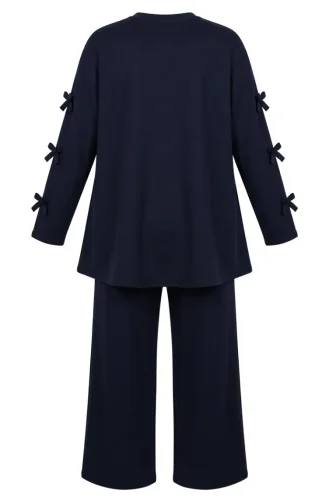 Tunic And Pants Two-Piece Set With Bow Detail On Sleeves 2246-04 Navy Blue 2246-04