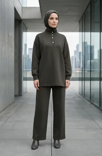 Button Detail Tunic And Pants Two-Piece Set 2247-02 Khaki 2247-02