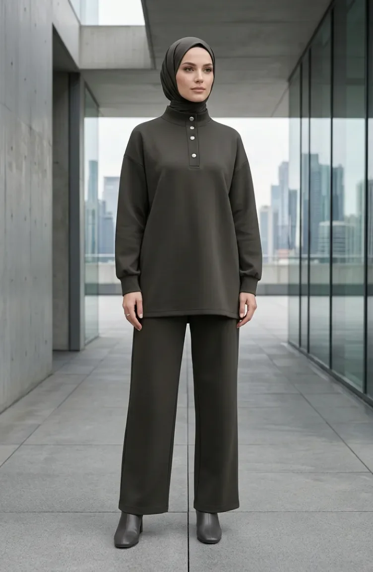 Button Detail Tunic And Pants Two-Piece Set 2247-02 Khaki 2247-02