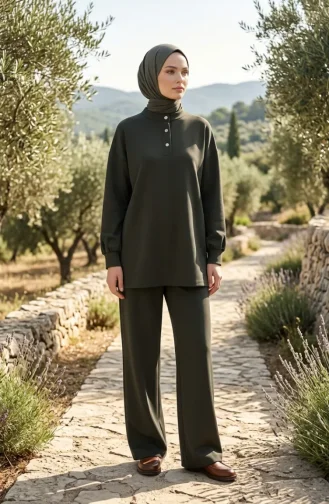 Button Detail Tunic And Pants Two-Piece Set 2247-02 Khaki 2247-02