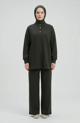 Button Detail Tunic And Pants Two-Piece Set 2247-02 Khaki 2247-02