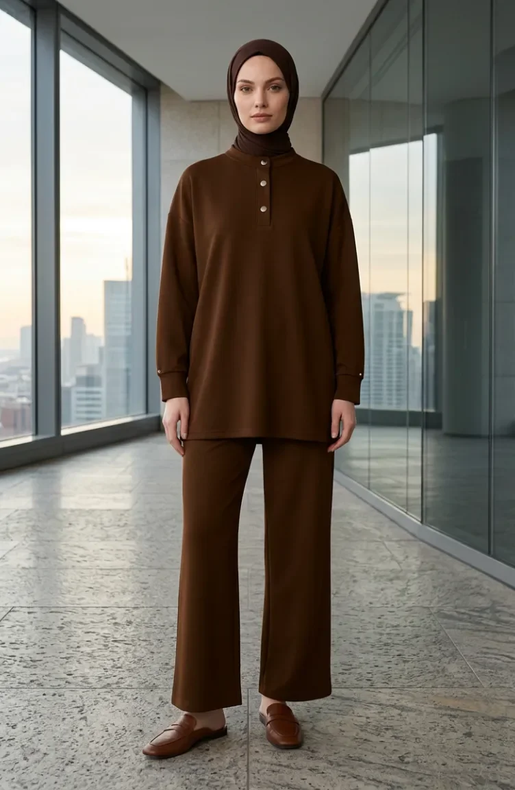 Button Detail Tunic And Pants Two-Piece Set 2247-03 Brown 2247-03