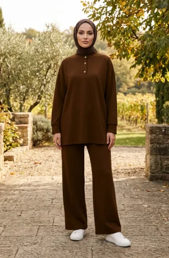 Button Detail Tunic And Pants Two-Piece Set 2247-03 Brown 2247-03
