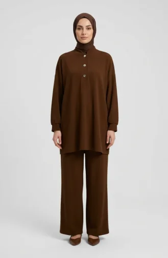 Button Detail Tunic And Pants Two-Piece Set 2247-03 Brown 2247-03
