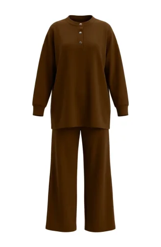 Button Detail Tunic And Pants Two-Piece Set 2247-03 Brown 2247-03