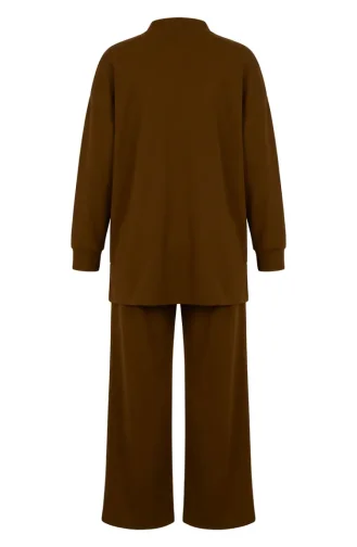Button Detail Tunic And Pants Two-Piece Set 2247-03 Brown 2247-03
