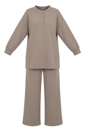 Zweiteiliges Set Aus Tunika Und Hose Mit Knopfdetails 2247-04 Beige 2247-04