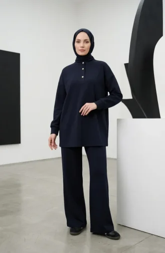 Zweiteiliges Set Aus Tunika Und Hose Mit Knopfdetails 2247-05 Marineblau 2247-05
