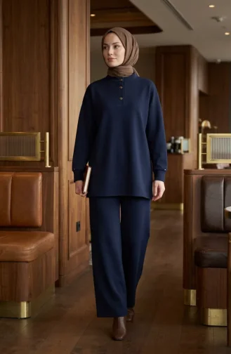 Zweiteiliges Set Aus Tunika Und Hose Mit Knopfdetails 2247-05 Marineblau 2247-05