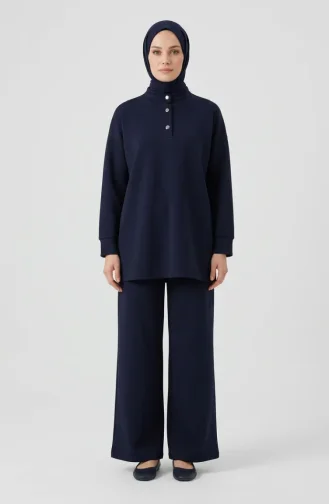 Zweiteiliges Set Aus Tunika Und Hose Mit Knopfdetails 2247-05 Marineblau 2247-05