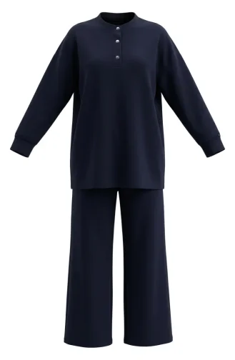 Zweiteiliges Set Aus Tunika Und Hose Mit Knopfdetails 2247-05 Marineblau 2247-05