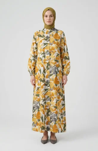 Gemustertes Kleid Mit Elastischen Ärmeln 0249-01 Senfgelb Anthrazit 0249-01