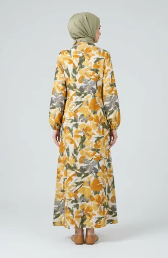 Gemustertes Kleid Mit Elastischen Ärmeln 0249-01 Senfgelb Anthrazit 0249-01