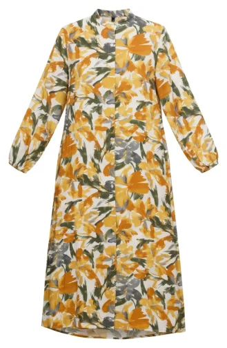 Gemustertes Kleid Mit Elastischen Ärmeln 0249-01 Senfgelb Anthrazit 0249-01