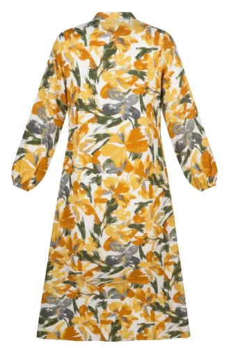 Gemustertes Kleid Mit Elastischen Ärmeln 0249-01 Senfgelb Anthrazit 0249-01