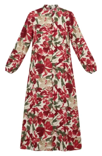 Gemustertes Kleid Mit Elastischen Ärmeln 0249-02 Burgunderrot Khaki 0249-02