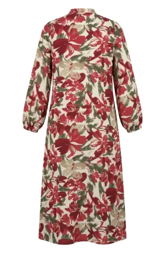 Gemustertes Kleid Mit Elastischen Ärmeln 0249-02 Burgunderrot Khaki 0249-02