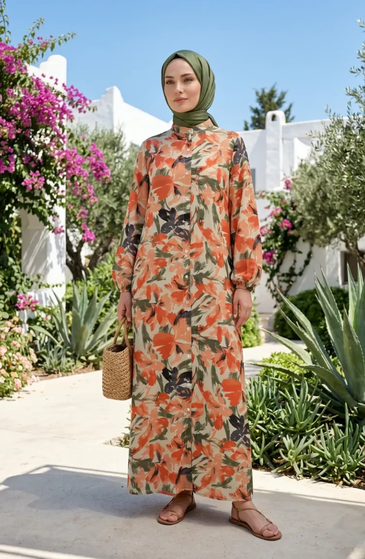 Gemustertes Kleid Mit Elastischen Ärmeln 0249-03 Lachskhaki 0249-03