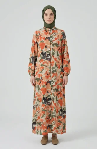 Gemustertes Kleid Mit Elastischen Ärmeln 0249-03 Lachskhaki 0249-03