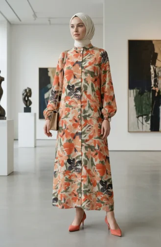 Gemustertes Kleid Mit Elastischen Ärmeln 0249-03 Lachskhaki 0249-03