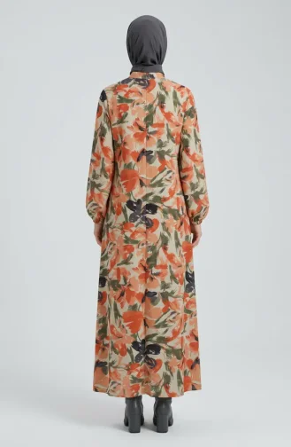 Gemustertes Kleid Mit Elastischen Ärmeln 0249-03 Lachskhaki 0249-03