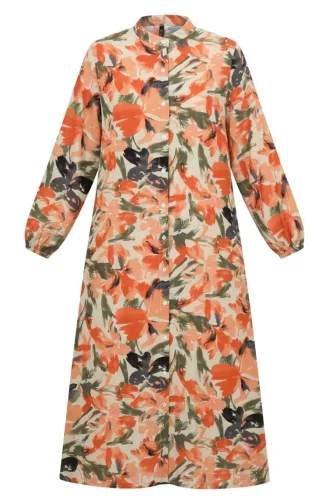 Gemustertes Kleid Mit Elastischen Ärmeln 0249-03 Lachskhaki 0249-03