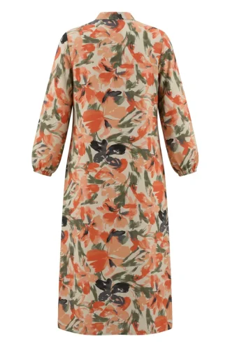 Gemustertes Kleid Mit Elastischen Ärmeln 0249-03 Lachskhaki 0249-03