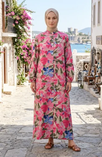 Gemustertes Kleid Mit Elastischen Ärmeln 0249-04 Rosa Indigo 0249-04